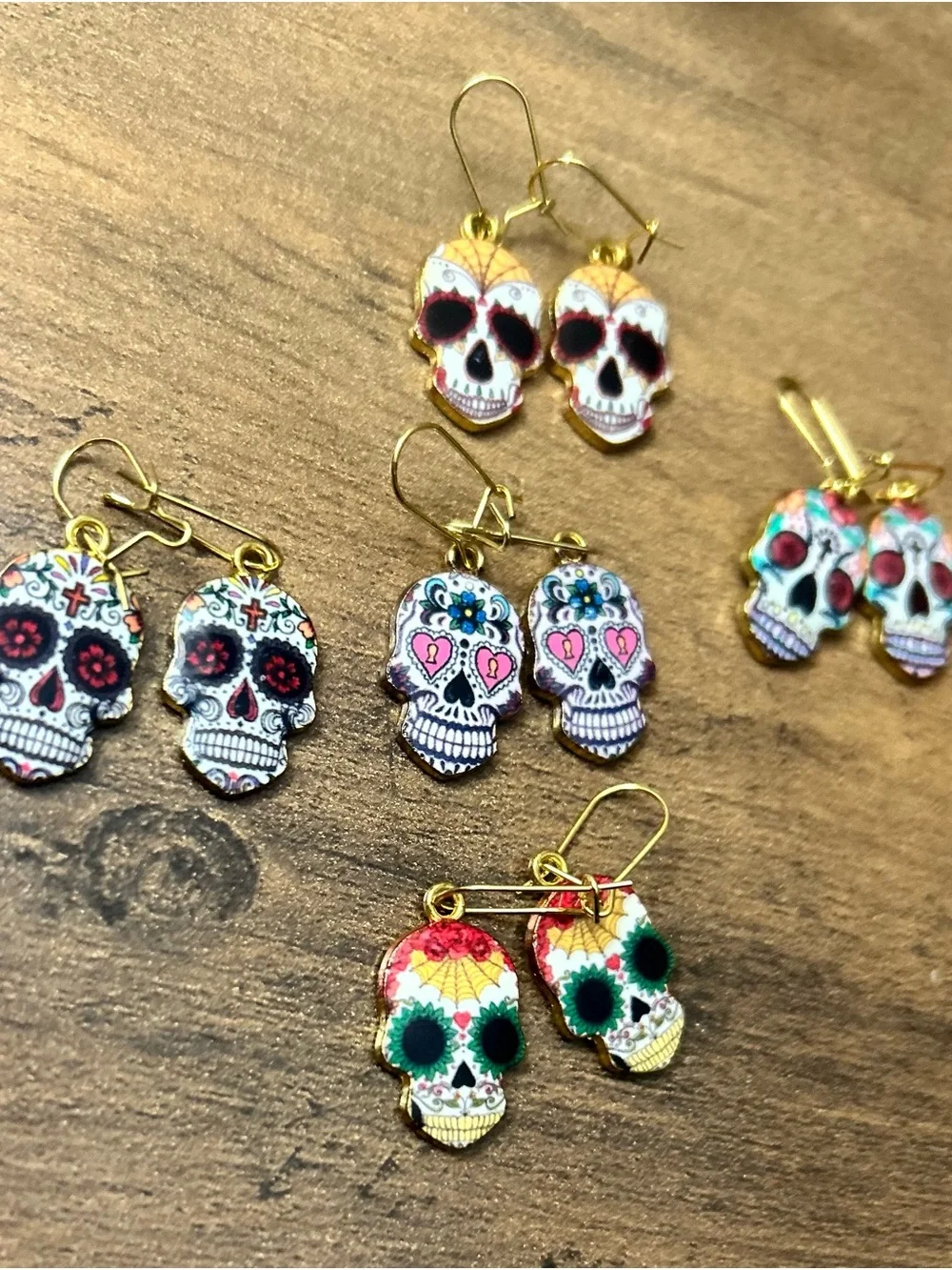 Colorful Sugar Skull Dangle Earrings - Assorted Day of the Dead Designs 5 pair